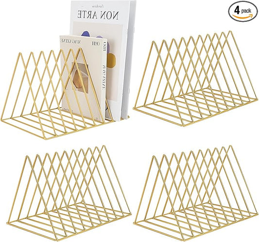 4Pcs Triangle File Holder, 9 Slot Black Magazine Holder, Metal Vinyl Record Storage Stand, Desktop File Organizer Magazine Rack, Bookshelf Organizer for Office Home, Letter Book (Gold) (Gold)