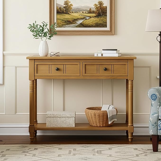 35.34" Console Table Traditional Design with Two Drawers and Bottom Shelf,Natural