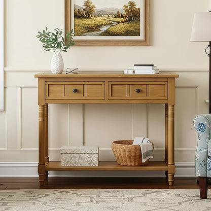 35.34" Console Table Traditional Design with Two Drawers and Bottom Shelf,Natural