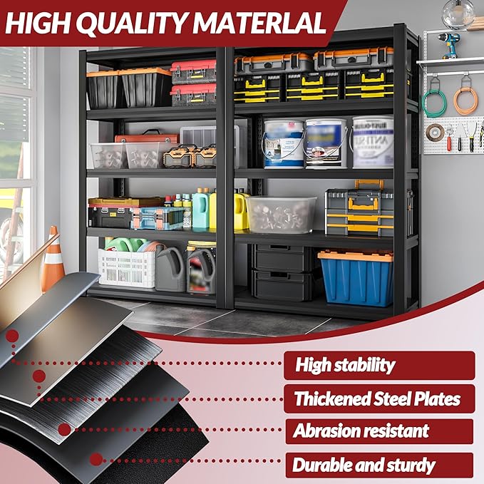 Shelving Units and Storage, 3000LBS Garage Storage Shelves, 5 Tier Shelving Unit, Steel Industrial Shelving, Adjustable Standing Shelf for Garage, Home, Warehouse 71" H x 36" W x 16" D, Black