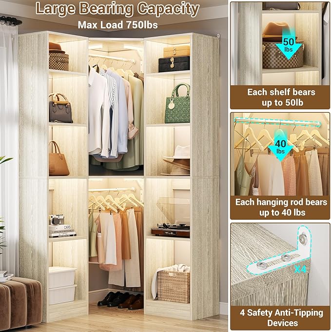 Corner Closet System with 12 Shelves, 39.2" Corner Closet Organizer System with 2 Hanging Rods, Versatile 6-Tier Walk-in Closets for Corner Space, White Oak (39.2" L x 39.2" W x 80" H)