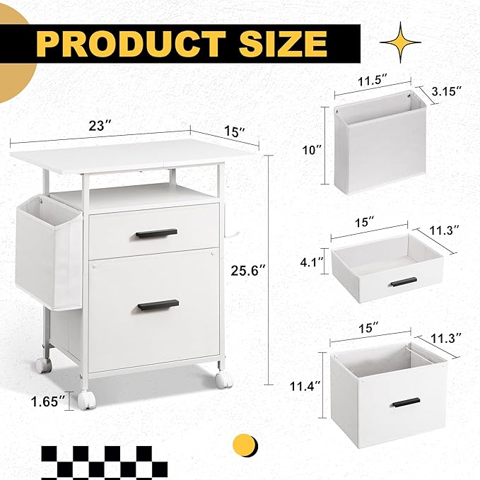 File Cabinet Printer Stand, Fabric Mobile Filing Cabinet with 2 Storage Drawers, for Hanging A4, Letter Size File Folders, Open Shelf with Storage Bag and Hooks Home Office, White