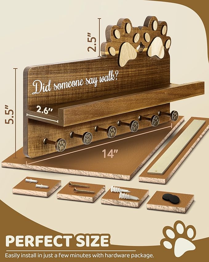 MTERSN Farmhouse Dog Leash Holder for Wall - Decorative Key Hooks Wall Mount with Paw Shape and 6 Unique 3D Hooks - Dog Lover for Home Decor (Acacia Wood)