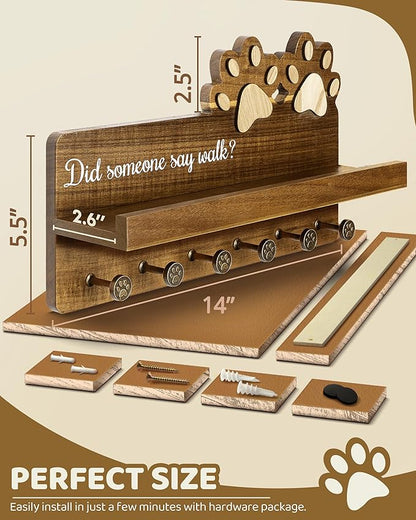 MTERSN Farmhouse Dog Leash Holder for Wall - Decorative Key Hooks Wall Mount with Paw Shape and 6 Unique 3D Hooks - Dog Lover for Home Decor (Acacia Wood)