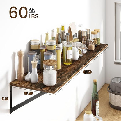 Fun Memories Deep Floating Shelves for Wall, 36W x 8D Wall Mounted Shelves Set of 2, Wide Display Ledge Shelf with Sturdy Metal Brackets for Living Room, Bathroom, Bedroom and Kitchen, Rustic Brown
