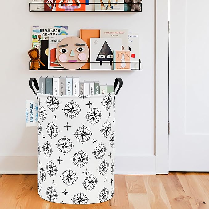 LANGYASHAN Laundry Basket Canvas Fabric Collapsible Organizer Basket for Storage Bin Toy Bins Gift Baskets Bedroom Clothes Children Nursery Hamper (Black Compass)