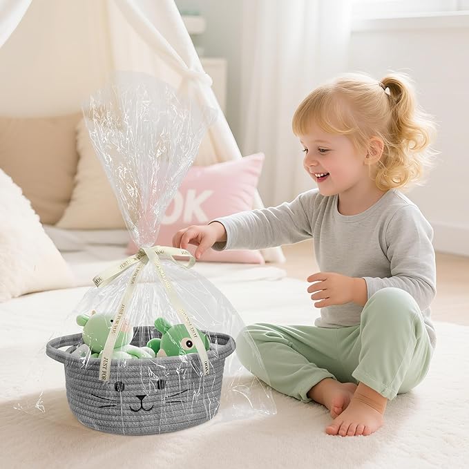 9.8" x 4" Small Cat Toy Basket - Gift Baskets Empty for Baby Shower Baby Baskets for Nursery Cute Woven Rope Storage Basket for Home Decor, Cat Pet toy box, Grey Easter basket