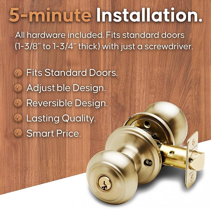 Copper Creek Colonial Entry Door Knob – Keyed Entry Handle with Lock and Key, ANSI Grade-3 Certified, DIY-Friendly Install for Interior and Exterior Entrance Doors – Polished Brass (1 Pack)