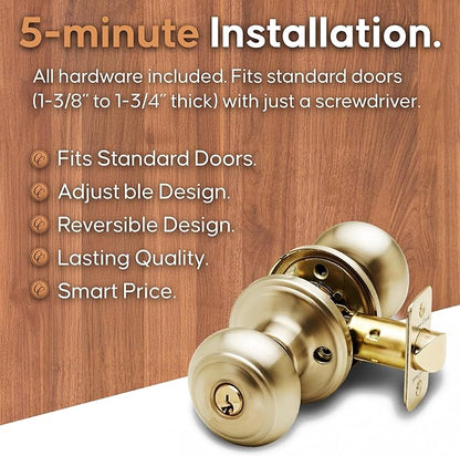 Copper Creek Colonial Entry Door Knob – Keyed Entry Handle with Lock and Key, ANSI Grade-3 Certified, DIY-Friendly Install for Interior and Exterior Entrance Doors – Polished Brass (1 Pack)