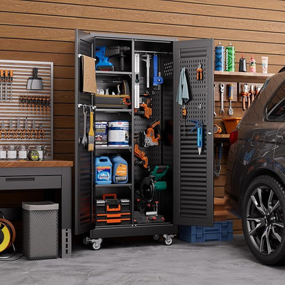 SUXXAN Broom Closet with Wheels 71"x 31.5"x15.75", Metal Cleaning Cabinets with Louvered Doors Hooks and Hanging Rods, Lockable Cabinet with Pegboard, Adjustable Shelf,for Garage, Laundry Room