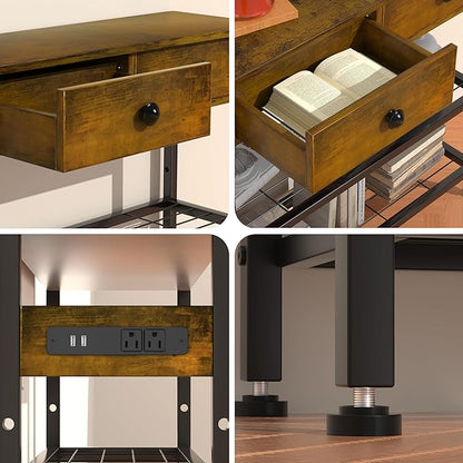 GRLEAF 47" Console Table with Outlets & USB Ports – Narrow Entryway Table with 3 Drawers and Storage Shelves, Power Strip Sofa Table for Living Room, Hallway, Kitchen, Foyer – Rustic Brown Wood Finish