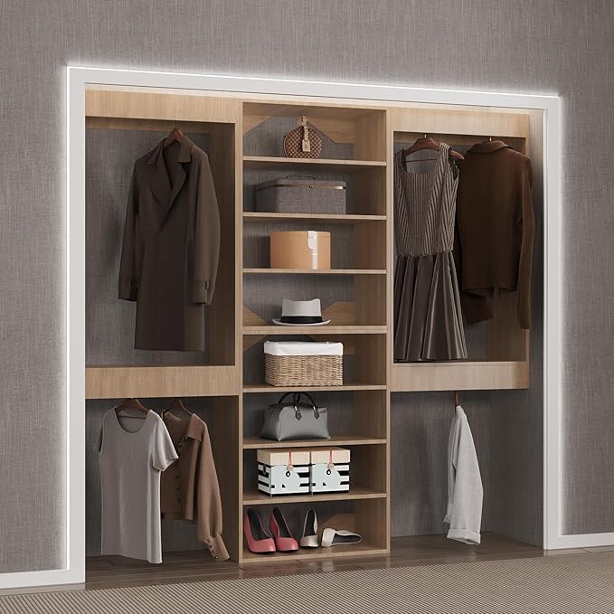 Modular Closet System, 78" Wide Closet Organizer System with Hanging and Towers, Wood Tower Closet Storage for Walk In Closets, Wall Mounted Wardrobe Organizer Kit System, Bedroom, Wood