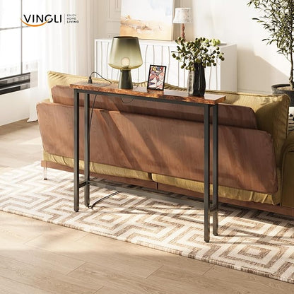 VINGLI 39" Console Table with Charging Station, 5.9" Narrow Sofa Table Behind Couch, Entryway Table with Power Outlet & 4.9 Ft Extension Cord & Adjustable Feet, for Living Room, Hallway, Rusitc Brown