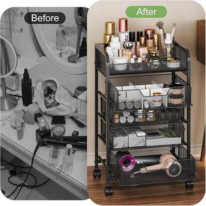 Makeup Cart Organizer with 4 Drawers, Vanity Storage Organizer, Large Floor Skincare Organizers Cosmetics Display Cases for Skin Care Perfume Nail Polish, Black