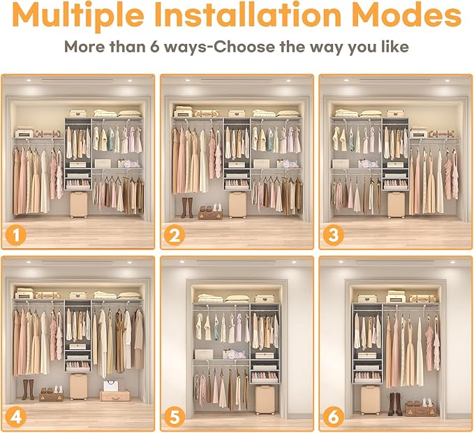 Cyclysio 96 Inch Closet System, 8 FT Hanging Closet Organizer System, Walk in Closet System with 4 Adjustable Rods and 3 Shelving Towers for 4-8FT Spaces(Cut-to-Fit), Gray