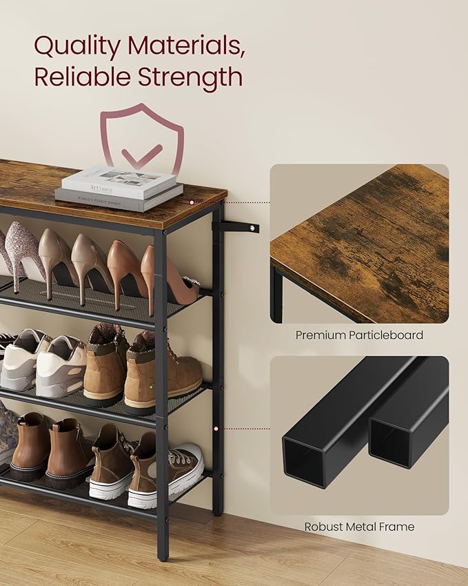 VASAGLE 4-Tier Shoe Rack, Large Shoe Storage Organizer for Closet, Entryway, 15-20 Pairs, with 3 Metal Mesh Shelves, 10.8 x 29.5 x 28.5 Inches, Rustic Brown and Black ULBS114KD01