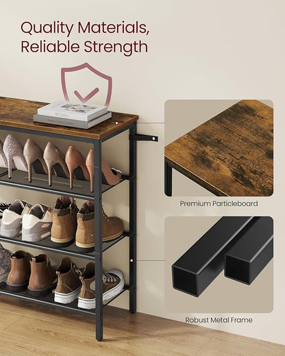 VASAGLE 4-Tier Shoe Rack, Large Shoe Storage Organizer for Closet, Entryway, 15-20 Pairs, with 3 Metal Mesh Shelves, 10.8 x 29.5 x 28.5 Inches, Rustic Brown and Black ULBS114KD01
