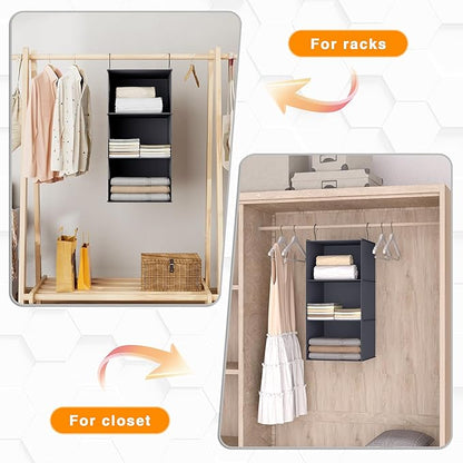 Hanging Closet Organizer and Storage 3-Shelf, Easy Mount Foldable Hanging Closet Wardrobe Storage Shelves, Clothes Handbag Shoes Accessories Storage, Washable Oxford Cloth Fabric, Dark Gray