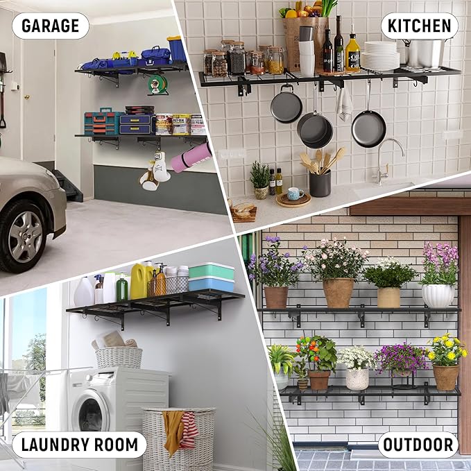 Garage Wall Shelves, 46"X12.5" Garage Shelving Wall Mounted, Heavy Duty Shelf Storage Rack with 4 Hooks, Black Organizer Floating Metal Shelf 160 LBS Capacity for Office, Basement, Laundry Room