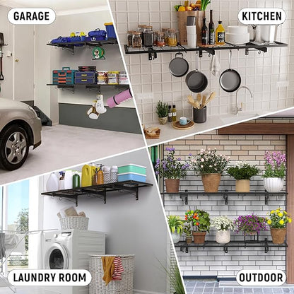 2 Pack Garage Wall Shelves, 46"X 12.5" Garage Shelving Wall Mounted, Heavy Duty Shelf Organizer with 8 Hooks, Black Floating Storage Metal Rack 320 LBS Capacity for Laundry Room, Office, Basement