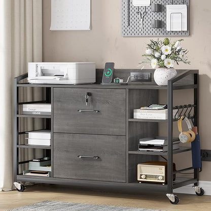 SEDETA 44" File Cabinet, Filing Cabinet fits Legal/Letter Size, 2 Drawer File Cabinets for Home Office with Lock, Power Strip, 6 Storage Shelves, Grey