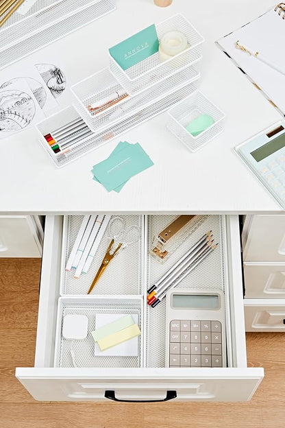 Annova Mesh Stackable Drawer Cabinet and Shelf Organizer Bins Storage Basket School Office Supply Holder Tray- Set of 2 (White, 3x6x2 Inch)