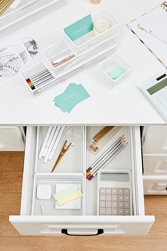 Annova Mesh Stackable Drawer Cabinet and Shelf Organizer Bins Storage Basket School Office Supply Holder Tray- Set of 2 (White, 6x12x2 Inch)