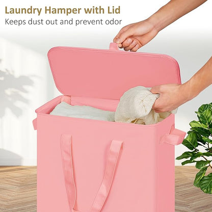 efluky Slim Laundry Basket with Lid, Narrow Laundry Hamper with Handles, Collapsible Dirty Clothes Hamper, Tall Laundry Bin for Laundry Room, Dorm and Bedroom, 55L Pink