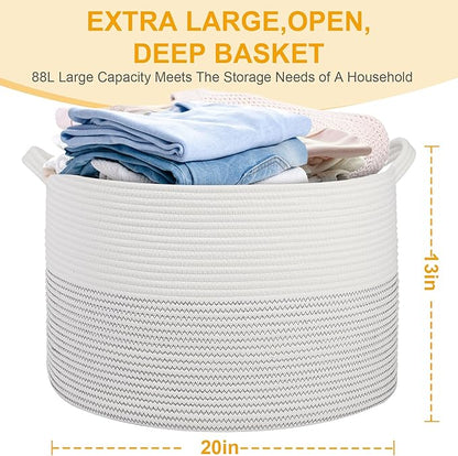 Large Girl Laundry Basket,20''x13''Woven Cotton Rope Laundry Hamper,Baby Blanket Basket for Living Room;Toy storage;Woven basket;Nursery Hamper,Storage Bin,Home Room Decor (White)
