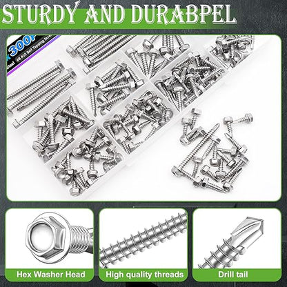 mxuteuk 300PCS #8#10 Self Tapping Screws for Metal,410 Stainless Steel Self Drilling Screws,Hex Washer Head Sheet Metal Screws Suitable for Wood, Metal or Tough Materials(150pcs Screw+150pcs Washer)