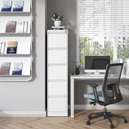 5 Drawer File Cabinet with Lock,Metal Vertical Filing Cabinets for Home Office,Heavy Duty File Storage Cabinet for Letter/Legal/A4/F4 Size File,Assembly Require (White, Vertical 5 Drawer)