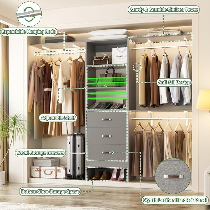 Closet System with 3 Drawers - 8FT Wood Closet Organizer with 3 Shelving Tower & Hanging Rods, 96" Walk-in Wardrobe Closet Organizer System for 4-8FT Spaces, Heavy Duty Garment Clothes Rack, Grey