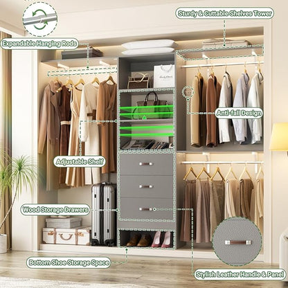 Closet System with 3 Drawers - 8FT Wood Closet Organizer with 3 Shelving Tower & Hanging Rods, 96" Walk-in Wardrobe Closet Organizer System for 4-8FT Spaces, Heavy Duty Garment Clothes Rack, Grey