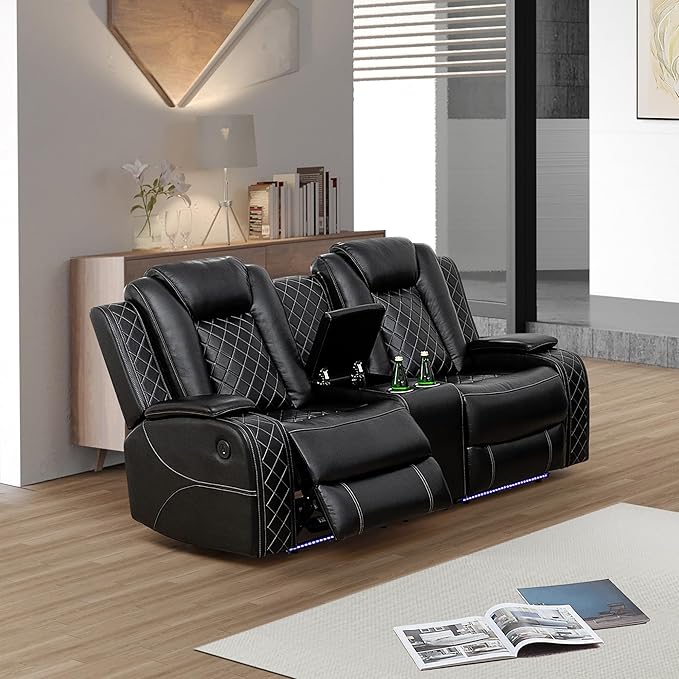 Power Recliner Loveseat Set, Living Room Furniture Sets, 2 Seated Loveseat Modern Reclining Couches, Black Leather Reclining Couch Sets with Storage Console/Cup Holder for Living Room/Apt