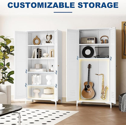 Metal Storage Cabinet-61” Tall Steel File Cabinets with Doors and 4 Adjustable Shelves-White Steel Storage Cabinet for Home,Kitchen, School, Office, Garage