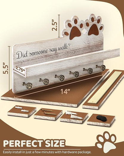 MTERSN Farmhouse Dog Leash Holder for Wall - Dog Stuff Organizer and Key Holder Wall Mount with a Floating Shelf & 6 Hooks for Home Decor - Perfect Gifts for Dogs Lovers (White)