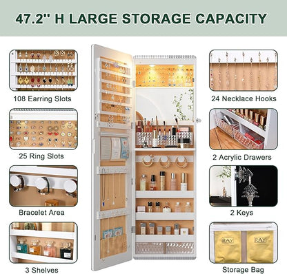 HNEBC LED Mirror Jewelry Cabinet,47.2" Wall Mounted Jewelry Organizer with Full-Length Mirror,Over The Door Hanging Jewelry Armoire Storage Cabinet,Folding Dresser,2 Drawers,Lockable, 3 Shelves(White)
