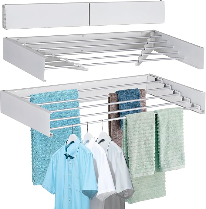 FOCHIER F Laundry Drying Rack Wall Mounted Clothes Drying Rack Collapsible with 5 Aluminum Rods and Drilling Template Long Screwdriver Bit 60 lbs Capacity (White, 31.5")