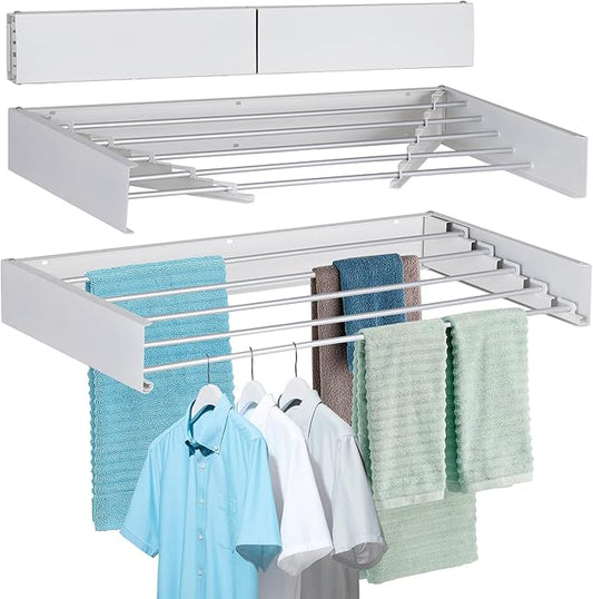 FOCHIER F Laundry Drying Rack Wall Mounted Clothes Drying Rack Collapsible with 5 Aluminum Rods and Drilling Template Long Screwdriver Bit 60 lbs Capacity (White, 40")