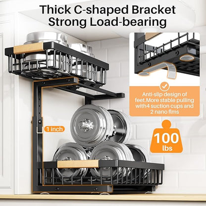 PXRACK Under Sink Organizer, Adjustable Height, 2-Pack 2 Tier Pull Out Under Cabinet Organizer, Slide Out Thickened Metal Under Sink Storage for Kitchen Bathroom Laundry Pantry Cabinet, S, Black