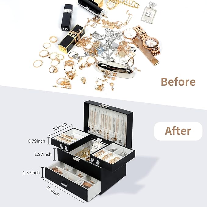 Dajasan Jewelry Organizer Box, Large Jewelry Boxes for Women Girls, Compact 3 Layers Jewelry Storage Case with Drawer, Movable Metal Stand, Modern, Gift Idea (Black)