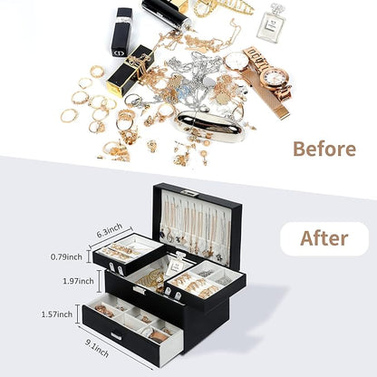 Dajasan Jewelry Organizer Box, Large Jewelry Boxes for Women Girls, Compact 3 Layers Jewelry Storage Case with Drawer, Movable Metal Stand, Modern, Gift Idea (Black)