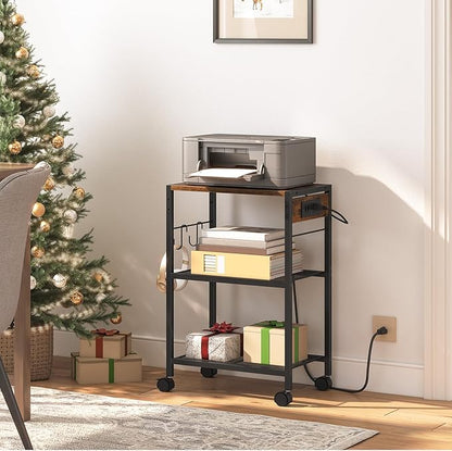 HOOBRO Industrial Printer Stand, 3-Tier Mobile Printer Table, Rolling Cart with Power Outlets and USB Ports, Home Printer Stand with 2 Hooks, for Office, Living Room, Rustic Brown BF22UPS01