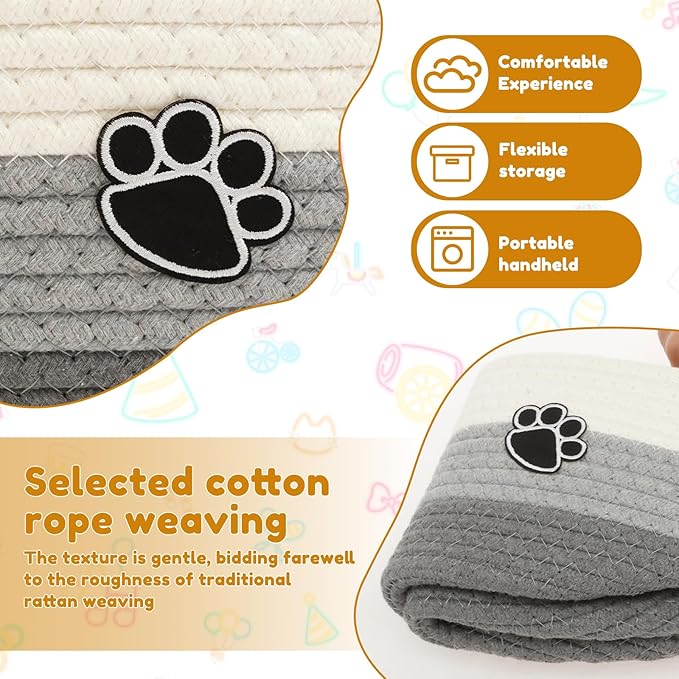 Woven Toy Storage Basket Bin Dog Toy Basket Foldable Cotton Rope Box Multipurpose Woven Case Portable Diaper Organizer Box for Toys Living Room Bathroom (Grey White)