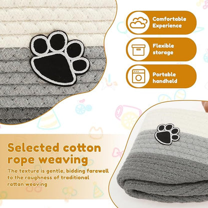 Woven Toy Storage Basket Bin Dog Toy Basket Foldable Cotton Rope Box Multipurpose Woven Case Portable Diaper Organizer Box for Toys Living Room Bathroom (Grey White)