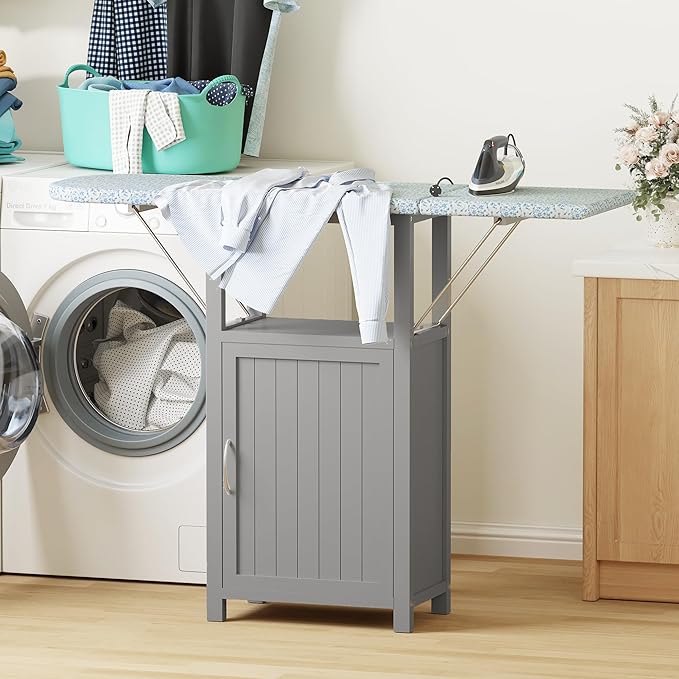 Ironing Board with Storage Cabinet, Folding Ironing Board with Extra Storage, Solid Wood Fold Down Ironing Station with Heat-Resistant Sponge for Small Spaces, Laundry Room (Brown Grey)