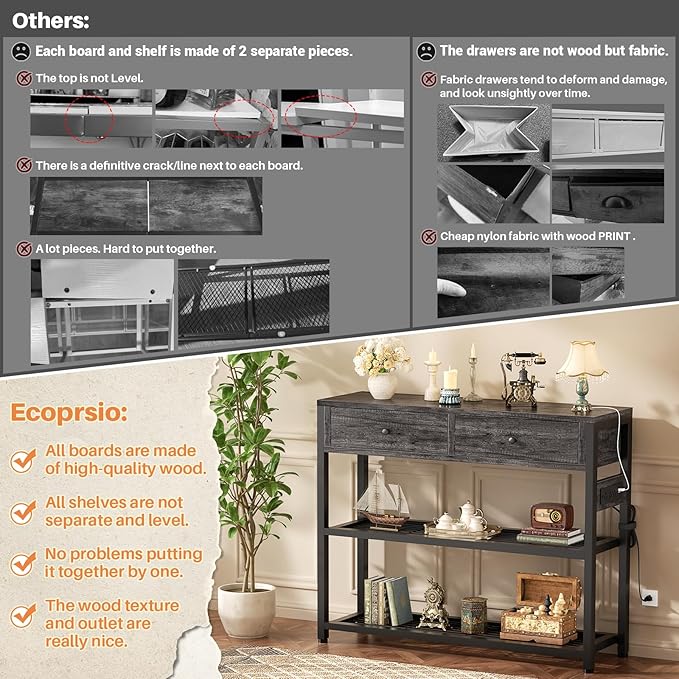Ecoprsio Entryway Table with Outlets and USB Ports, Small Console Table with 2 Drawers, Sofa Table with Storage Shelves for Living Room, Couch, Hallway, Foyer, Kitchen Counter, 32'', Grey Oak