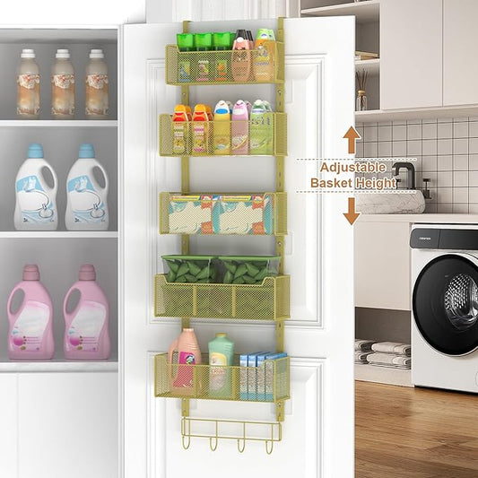 Over The Door Organizer, Metal Door Organizer Hanging with 5 Adjustable Baskets and Coat Hook, Behind The Door Storage for Bedroom Closet Bathroom Pantry Cabinet Kitchen, Gold