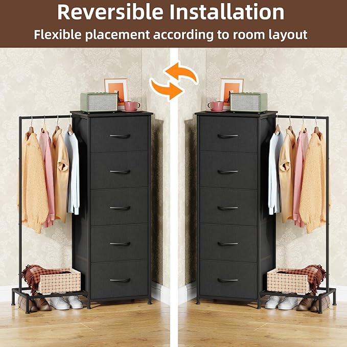 Somdot Dresser with Hanging Rack, 5 Drawers Small Closet for Bedroom, Reversible Dresser with Clothes Rack, Kids Dressers for Bedroom Chest of Drawers, Tall Storage Tower, Black