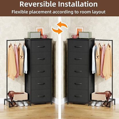 Somdot Dresser with Hanging Rack, 5 Drawers Small Closet for Bedroom, Reversible Dresser with Clothes Rack, Kids Dressers for Bedroom Chest of Drawers, Tall Storage Tower, Black